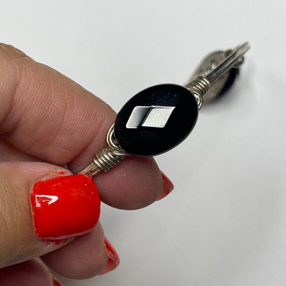 BOURBON & BOWETIES silver tone faceted black bracelet bangle jewelry wire wrap - Picture 8 of 11